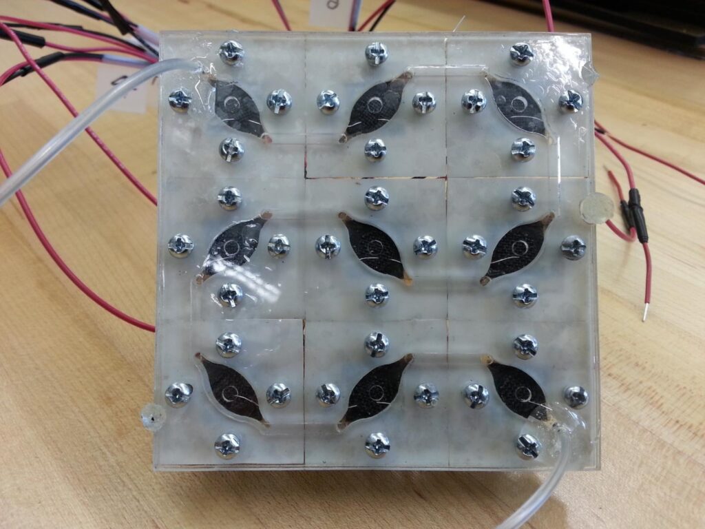 These are nine biological-solar (bio-solar) cells connected into a bio-solar panel. The panel has generated the most wattage of any existing small-scale bio-solar cells - 5.59 microwatts CREDIT Seokheun "Sean" Choi