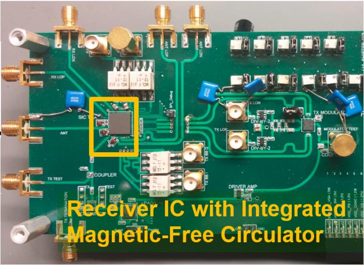 This is the first CMOS full duplex receiver IC with integrated magnetic-free circulator. CREDIT Negar Reiskarimian, Columbia Engineering