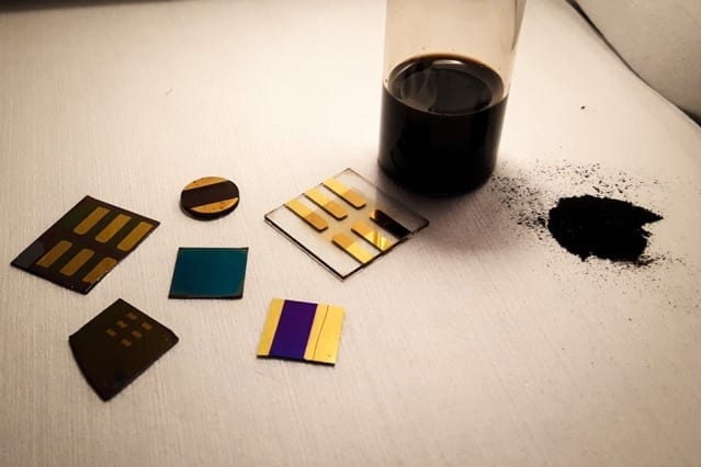 “When you look at coal as a material, and not just as something to burn, the chemistry is extremely rich,” says Jeffrey Grossman. In this photo, a sample of pulverized coal (right) is shown with several test devices made from coal by the MIT researchers. Photo courtesy of the researchers