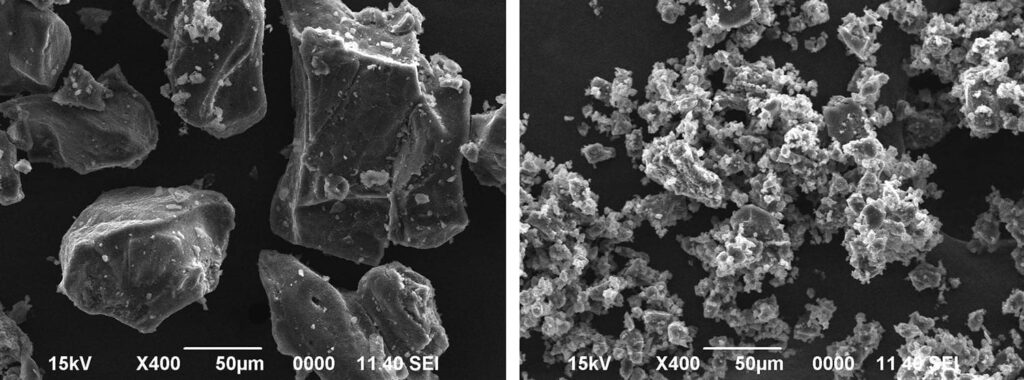Chunks of this sodium-based compound (Na2B12H12) (left) would function well in a battery only at elevated temperatures, but when they are milled into far smaller pieces (right), they can potentially perform even in extreme cold, making them even more promising as the basis for safer, cheaper rechargeables. Photo credit: Tohoku University, Japan