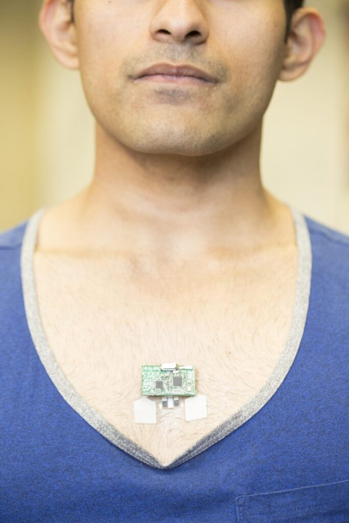 The ChemPhys patch can be worn on the chest, near the base of the sternum, and communicates wirelessly with a smartphone, smart watch or laptop. CREDIT Jacobs School of Engineering/UC San Diego