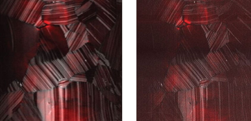 Photoluminescence (red) and second harmonic generation (grayscale) from pure cadmium-telluride solar cells, imaged simultaneously. Standard resolution is on the left, and enhanced resolution, on the right, was captured by a CSU custom-built microscope. Credit: Jeff Field