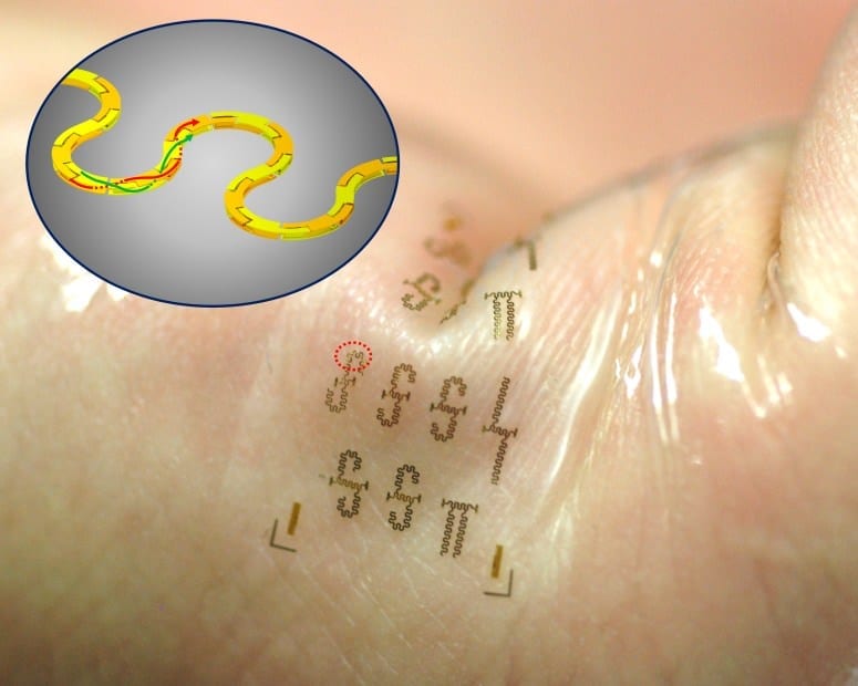 Fabricated in interlocking segments like a 3-D puzzle, the new integrated circuits could be used in wearable electronics that adhere to the skin like temporary tattoos. Because the circuits increase wireless speed, these systems could allow health care staff to monitor patients remotely, without the use of cables and cords. IMAGE COURTESY OF YEI HWAN JUNG AND JUHWAN LEE