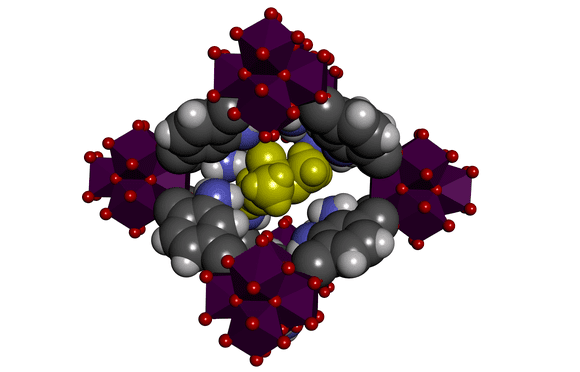 The MOF used in this study consists of organic molecules (in grey and black) and metal ions (zirconium, in purple). Between these molecules are little holes that can absorb the phosphanates (in yellow). © KU Leuven - Centre for Surface Chemistry & Catalysis