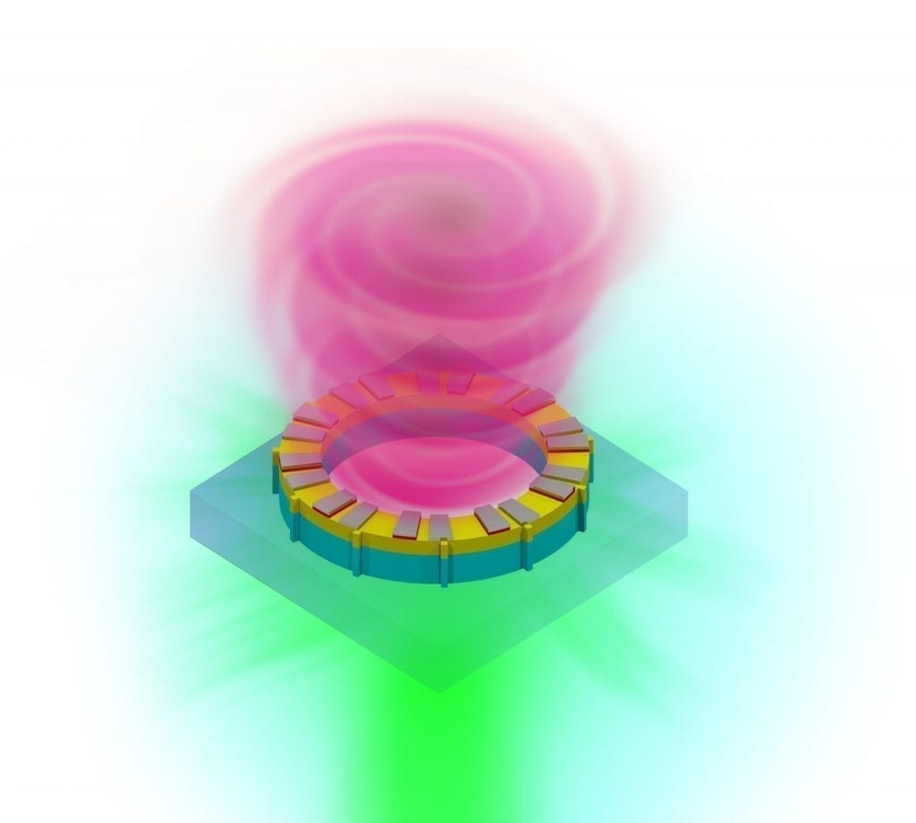 The image above shows vortex laser on a chip. Because the laser beam travels in a corkscrew pattern, encoding information into different vortex twists, it’s able to carry 10 times or more the amount of information than that of conventional lasers. Credit: University at Buffalo.