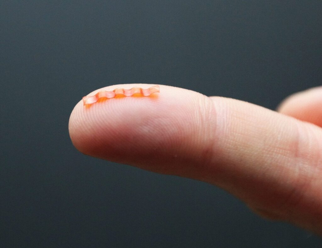 Hi-res photo of the caterpillar micro-robot sitting on a finger tip