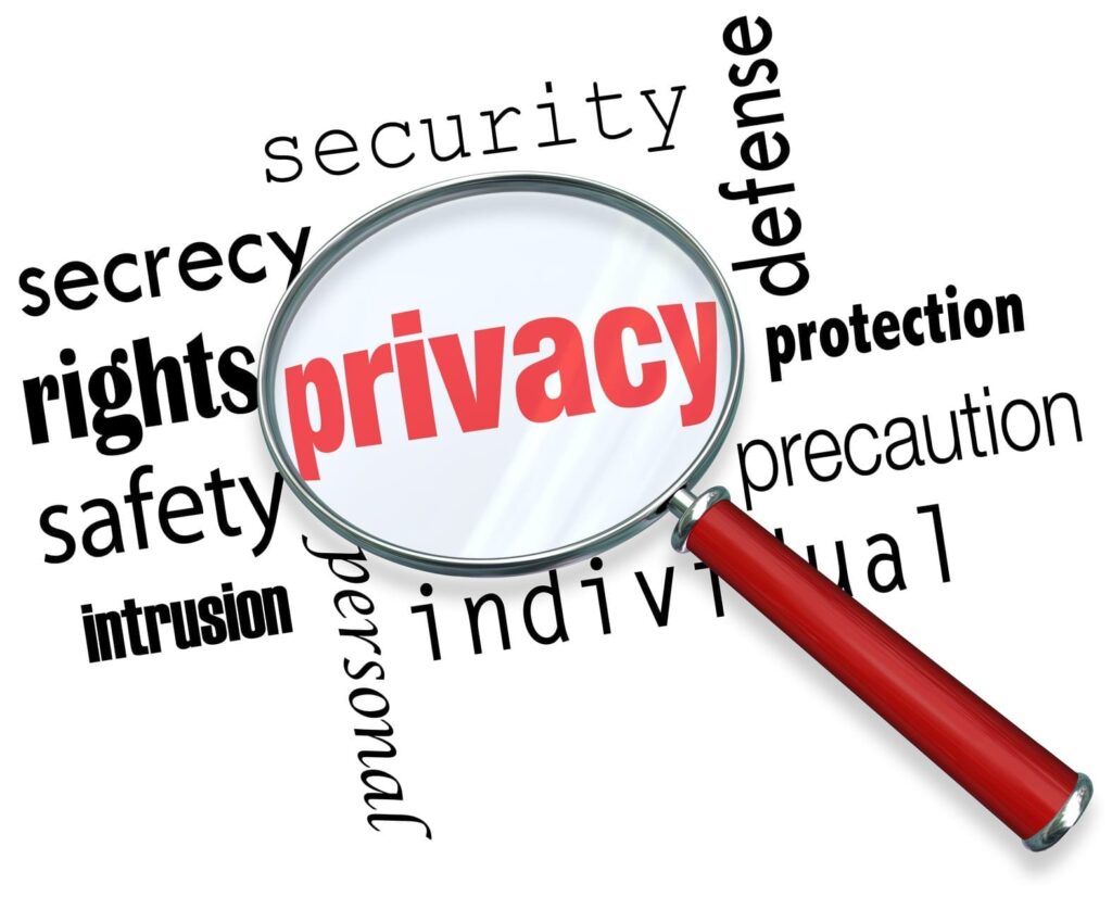 A magnifying glass hovering over the word Privacy and other related terms such as secrety, protection, security and identity via www.shminhe.com