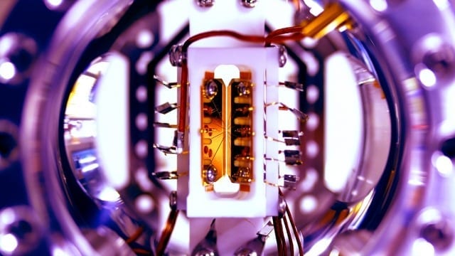 Close-up photo of an ion trap. Credit: S. Debnath and E. Edwards/JQI
