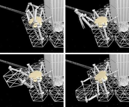 Illustration shows how a robot could assemble the trusses that would support a massive telescope mirror. Credit: Sergio Pellegrino/Caltech