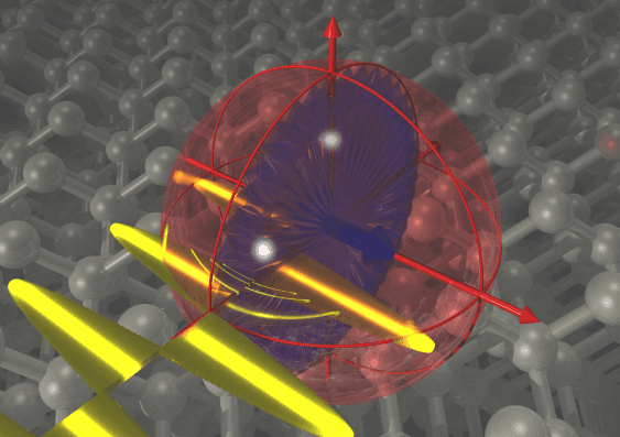 Artist’?s impression of a single-atom electron spin, hosted in a silicon crystal and dressed by an oscillating electromagnetic field.