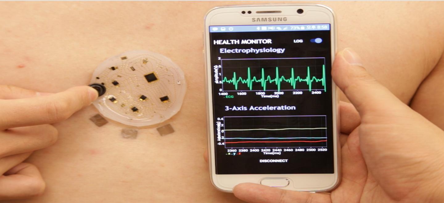 Electronic skin tracks heart rate, respiration, muscle movement and other health data, and transmits it to a smartphone