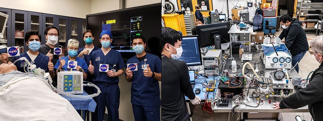 At left, doctors at the Icahn School of Medicine at Mount Sinai in New York City give a thumbs up after testing a ventilator prototype developed by NASA’s Jet Propulsion Laboratory in Southern California. At right, JPL engineers are working on the ventilator prototype for coronavirus patients.
Credits: Icahn School of Medicine at Mount Sinai, New York City and NASA/JPL-Caltech