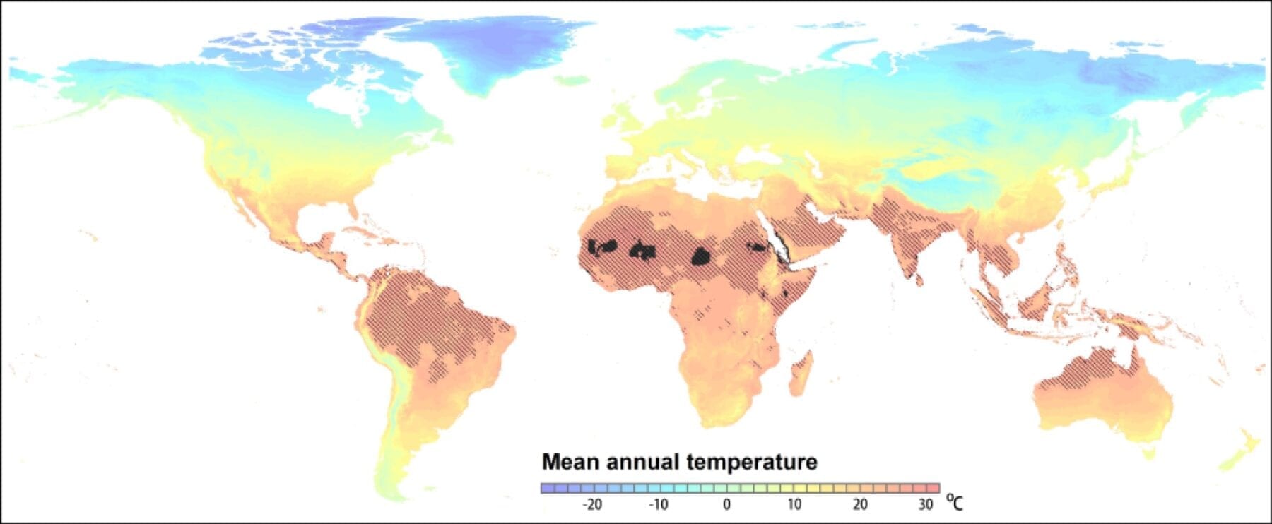 Expansion of extremely hot regions in a business-as-usual climate scenario. In the current climate, mean annual temperatures >29? are restricted to the small dark areas in the Sahara region. In 2070 such conditions are projected to occur throughout the shaded area following the RCP 8.5 scenario