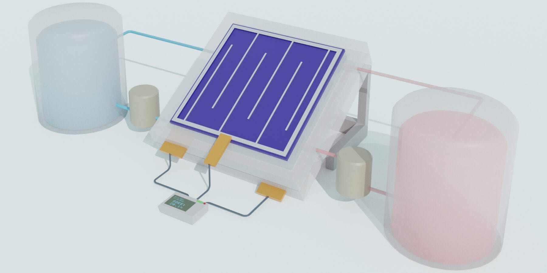 Schematic illustration of an integrated solar flow battery. A solar cell is hooked up to tanks of chemicals that can store electricity for later use. WENJIE LI