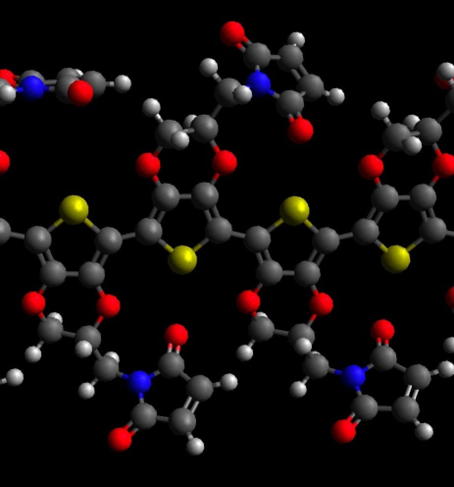 Molecular model of PEDOT with maleimide; carbon atoms are grey, oxygens red, nitrogens blue, sulfurs yellow and hydrogens white.
Credit: David Martin