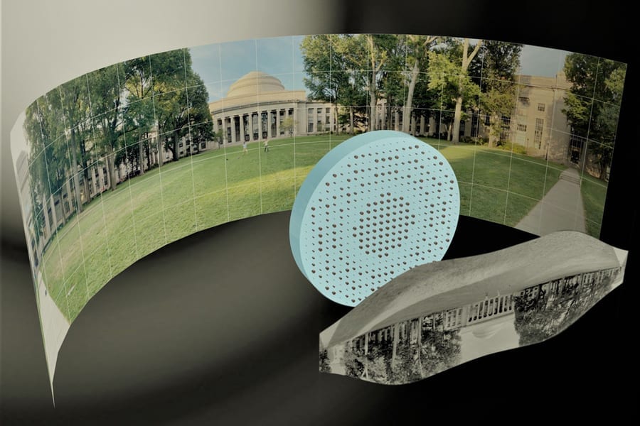 3D artistic illustration of the wide-field-of-view metalens capturing a 180 degree panorama of MIT's Killian Court and producing a high-resolution monochromatic flat image.
Image: Mikhail Shalaginov, Tian Gu, Christine Daniloff, Felice Hankel, Juejun Hu