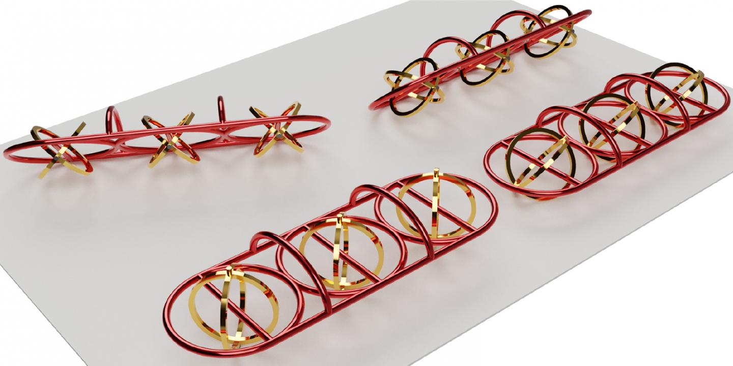 Computer graphic of a microvehicle with iron wheels (gold) and a polymer chassis (red). The vehicle measures just 0.25 millimetres long.

CREDIT
(Visualisations: Alcântara et al. Nature Communications 2020)