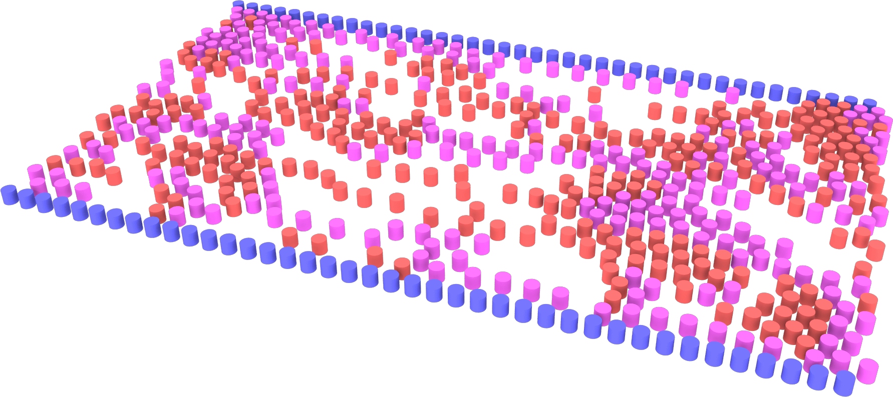 Simulation of pedestrian counterflow (red and pink particles) confined within a hallway (blue boundary), under conditions of weak social distancing.
Credit: Kelby Kramer and Gerald J. Wang