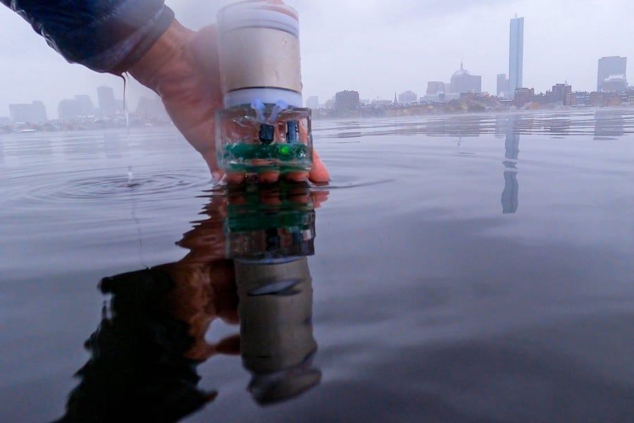 MIT researchers have built a battery-free pinpointing system dubbed Underwater Backscatter Localization (UBL). This photo shows the battery-free sensor encapsulated in a polymer before it is dipped into the Charles river.

Image: Reza Ghaffarivardavagh