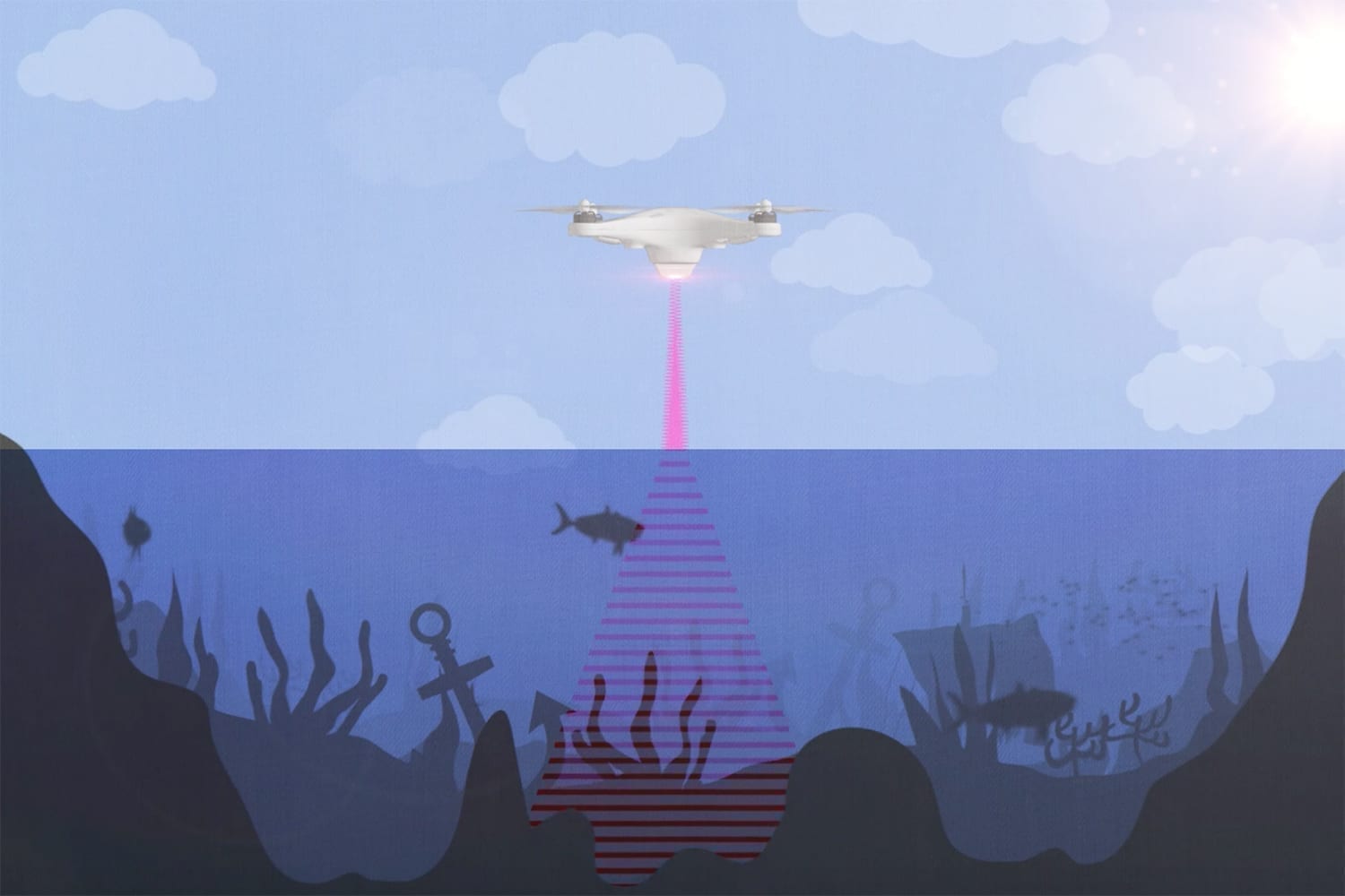 An artist rendition of the photoacoustic airborne sonar system operating from a drone to sense and image underwater objects. (Image credit: Kindea Labs)