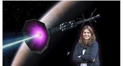 (Photo by Elle Starkman, PPPL Office of Communications, and ITER)
PPPL physicist Fatima Ebrahimi in front of an artist's conception of a fusion rocket