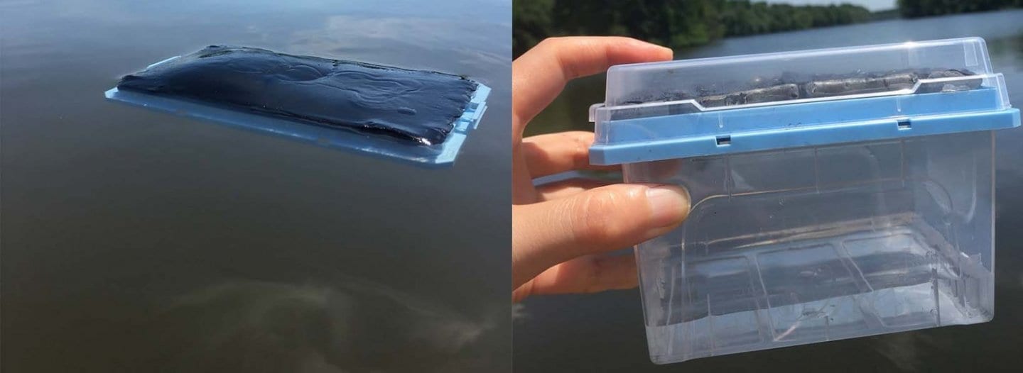 In a study conducted at Princeton University, researchers placed the gel in lake water where it absorbed pure water, leaving contaminants behind. The researchers then placed the gel in the sun, where solar energy heated up the gel, causing the discharge of the pure water into the container. Image credit: Xiaohui Xu