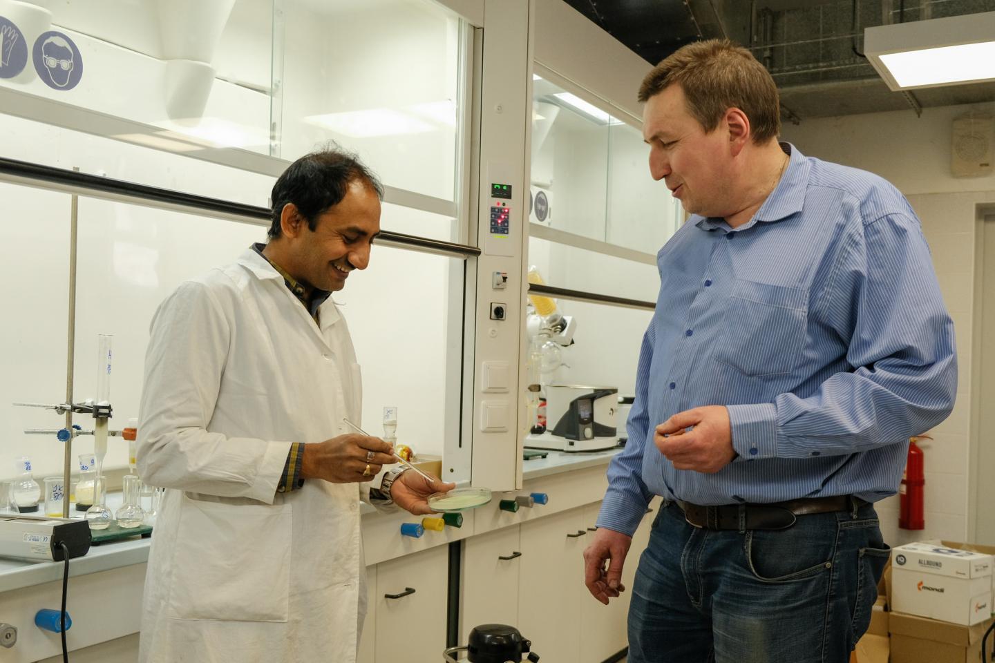 Rammohan Aluru and Grigoriy Zyryanov ones on scientists group, who have developed edible food films based on seaweed (stripped off solution of ferulic acid and sodium alginate in a Petri dish).

CREDIT
UrFU / Andrey Fomin.