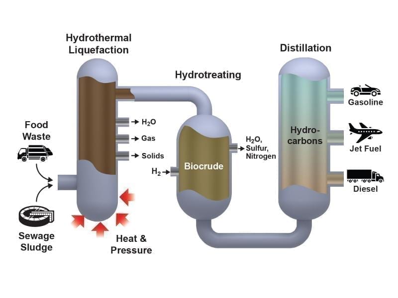 Wet wastes from sewage treatment and discarded food can provide the raw materials for an innovative process called hydrothermal liquefaction, which converts and concentrates carbon-containing molecules into a liquid biocrude. This biocrude then undergoes a hydrotreating process to produce bio-derived fuels for transportation. (Illustration by Michael Perkins | Pacific Northwest National Laboratory)