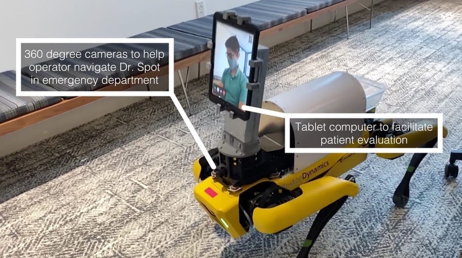We utilized a quadruped robotic system (Dr. Spot, Boston Dynamics, Waltham A) to evaluate patients in the emergency department in a contactless manner.