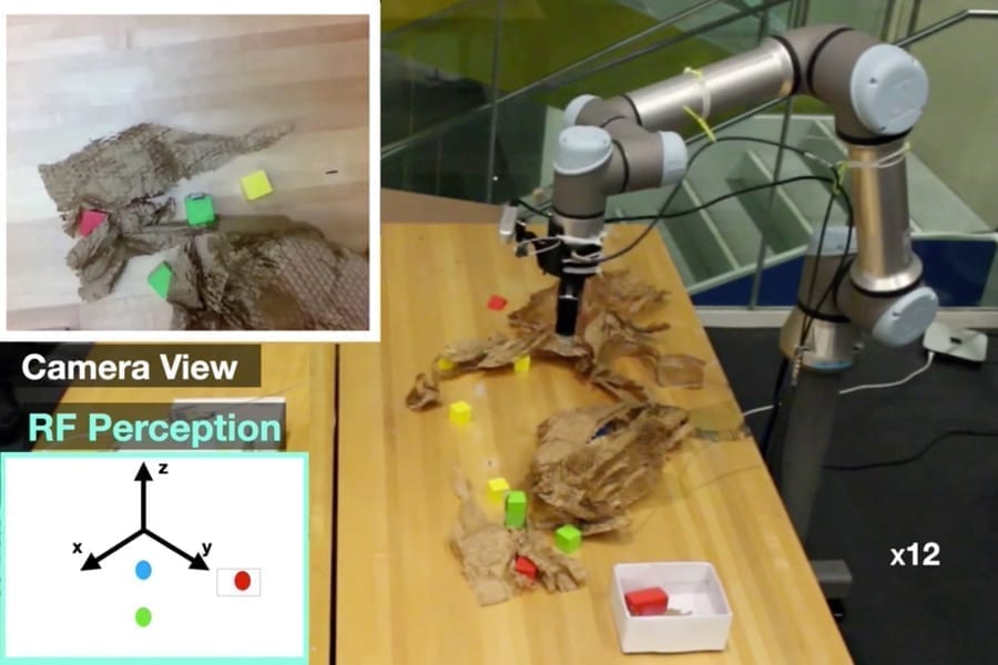MIT researchers developed a picking robot that combines vision with radio frequency (RF) sensing to find and grasp objects, even if they're hidden from view.  The technology could aid fulfilment in e-commerce warehouses.

Images courtesy of the researchers