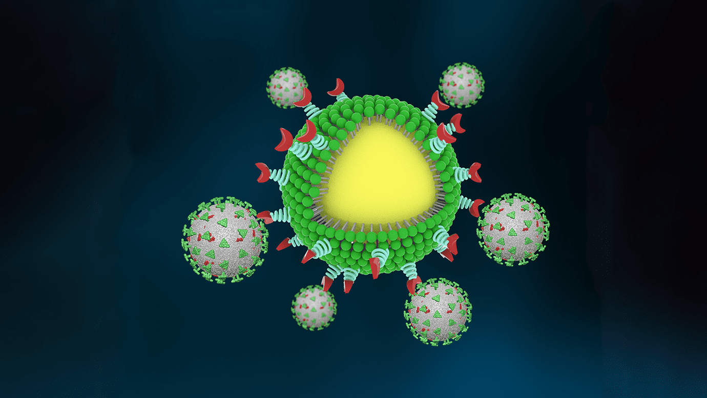 An artist’s concept of the nanotrap in action. The nanotrap is shown with a yellow core, green phospholipid shell, and red functionalized particles to bind the virus (shown in gray, decorated with their infamous spike protein in green).
Image courtesy Chen and Rosenberg et al.