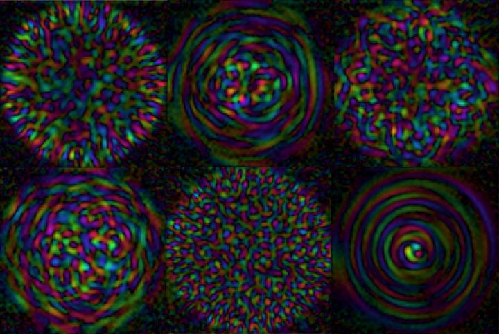 Shown are six patterns depicting how light that has passed through an optical fibre is scrambled. The brightness is proportional to the intensity of the light fields, and the colour is proportional to the optical phase of the light fields