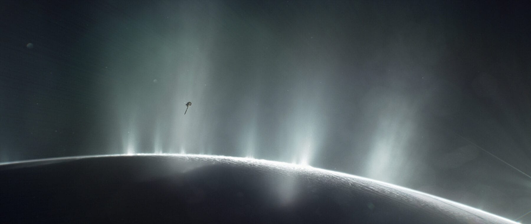 This artist's impression depicts NASA's Cassini spacecraft flying through a plume of presumed water erupting from the surface of Saturn's moon Enceladus.
NASA
