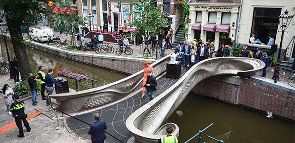 During the opening of the bridge by Her Majesty Queen Máxima of the Netherlands.

Credit: MX3D / Adriaande Groot