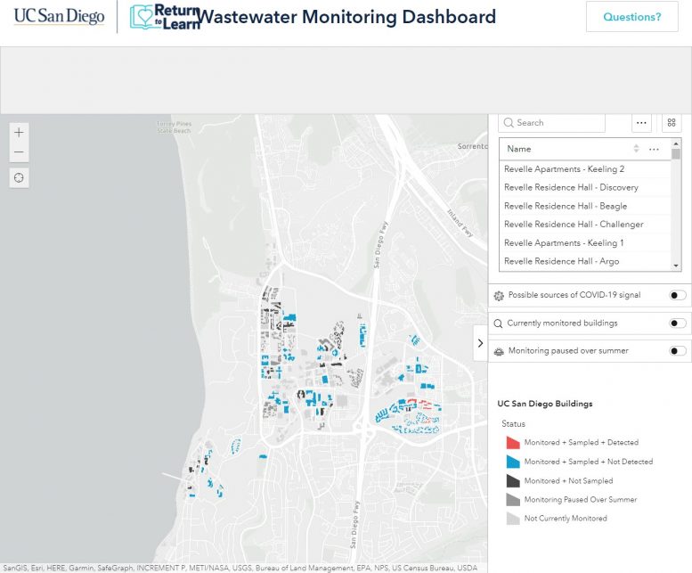 An online dashboard tracks COVID-positive wastewater detection on the UC San Diego campus and makes it available to the public. Credit: UC San Diego.