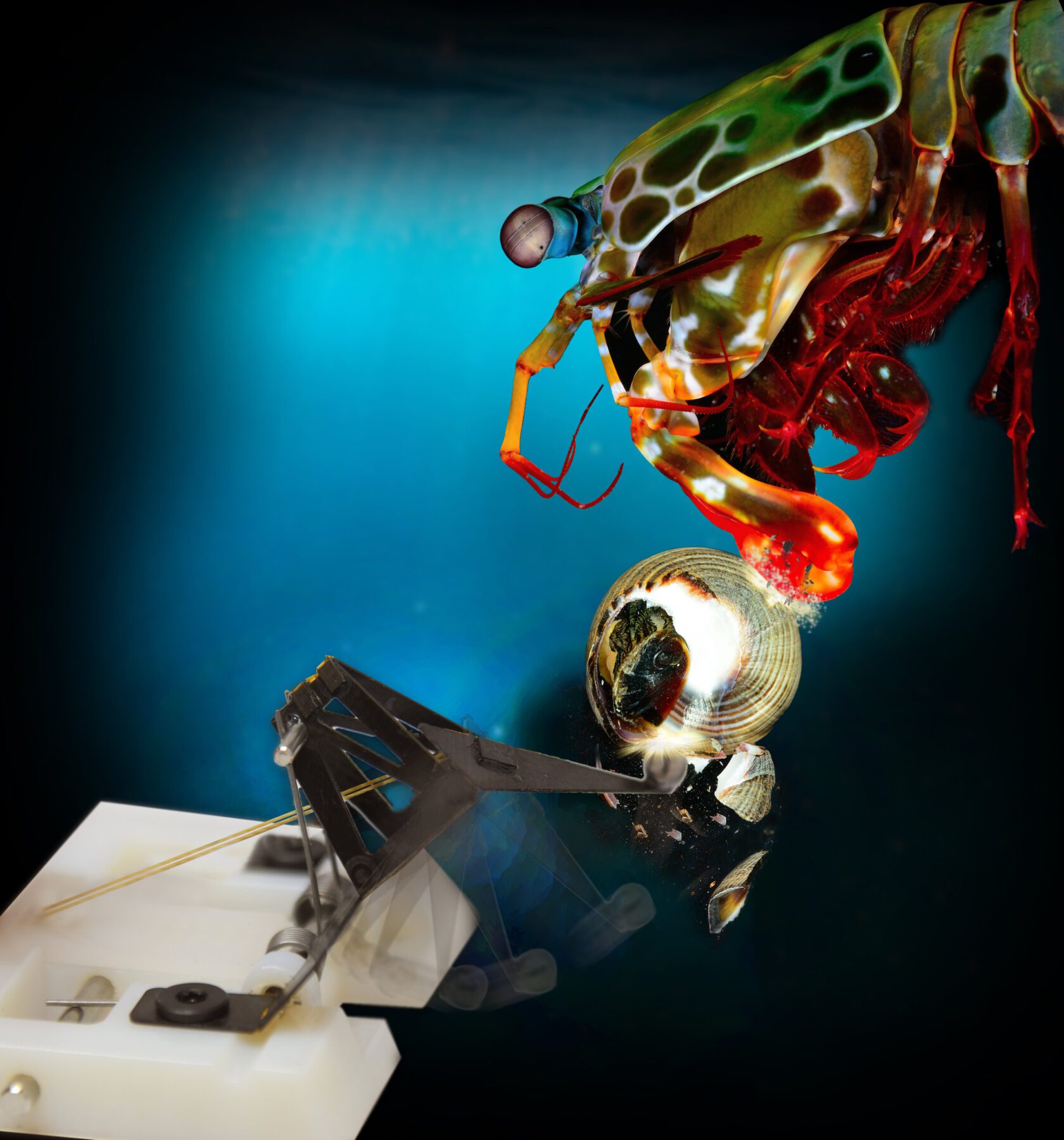 An interdisciplinary team of roboticists, engineers and biologists modeled the mechanics of the mantis shrimp’s punch and built a robot that mimics the movement. (Credit: Second Bay Studios and Roy Caldwell/Harvard SEAS)