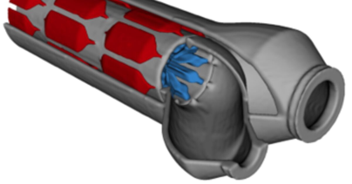 Computer Tomography (CT) X-ray image of the tube-in-tube heat exchanger. Color indicates whether hot fluid (red) in the outer tube or cold fluid (blue) in the inner tube. Credit: Hyunkyu Moon, Davis McGregor, Nenad Miljkovic and William P. King.
