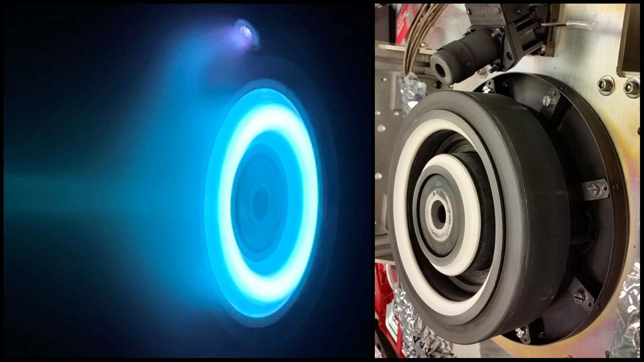 At left, xenon plasma emits a blue glow from an electric Hall thruster identical to those that will propel NASA's Psyche spacecraft to the main asteroid belt. On the right is a similar non-operating thruster. Credit: NASA/JPL-Caltech