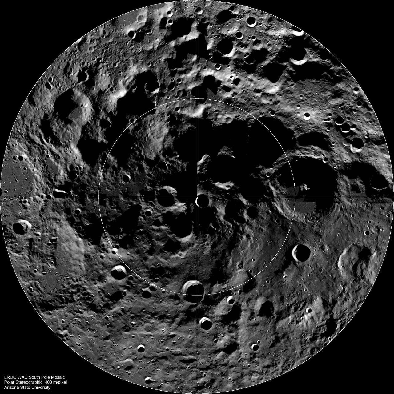 A view of the lunar south pole, where newly confirmed carbon dioxide cold traps are located, according to new research in Geophysical Research Letters. Future missions on the Moon may target this region to find out more about the resources that may exist there.
Credit: NASA/GSFC/Arizona State University