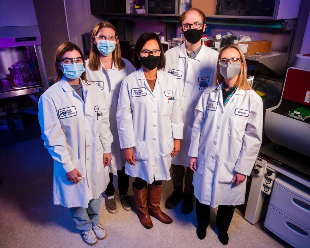 PREPARING FOR EMERGING VIRUSES — Sandia researchers, from left, Christine Thatcher, Jennifer Schwedler, Yooli Kim Light, Peter McIlroy and Brooke Harmon have developed a new process of screening for nanobodies that “neutralize” or disable the virus. This process represents a faster, more effective approach to developing nanobody therapies that prevent or treat viral infection.