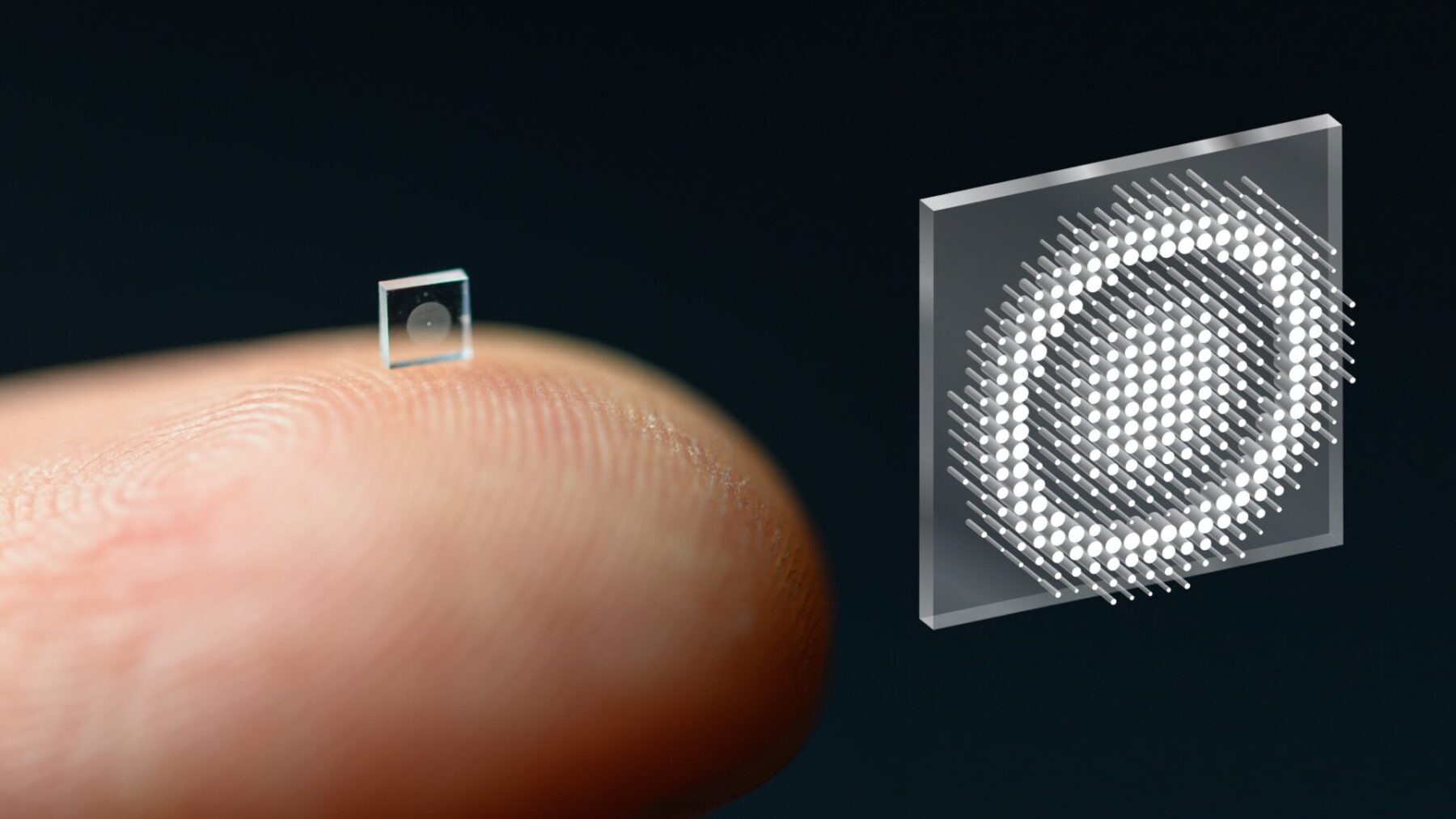 Researchers at Princeton University and the University of Washington have developed an ultracompact camera the size of a coarse grain of salt. The system relies on a technology called a metasurface, which is studded with 1.6 million cylindrical posts and can be produced much like a computer chip. Image courtesy of the researchers