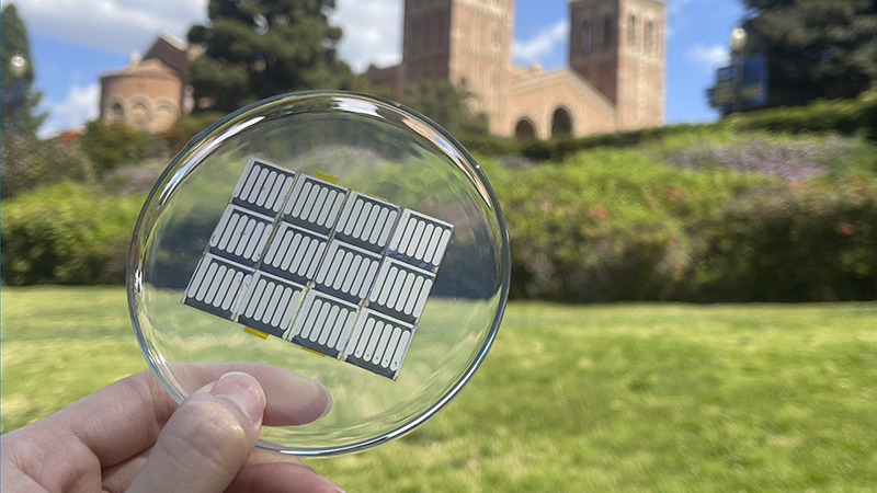 Shaun Tan/UCLA Photo of a thin film perovskite solar cell produced with a manufacturing process fix developed by UCLA researchers and colleagues