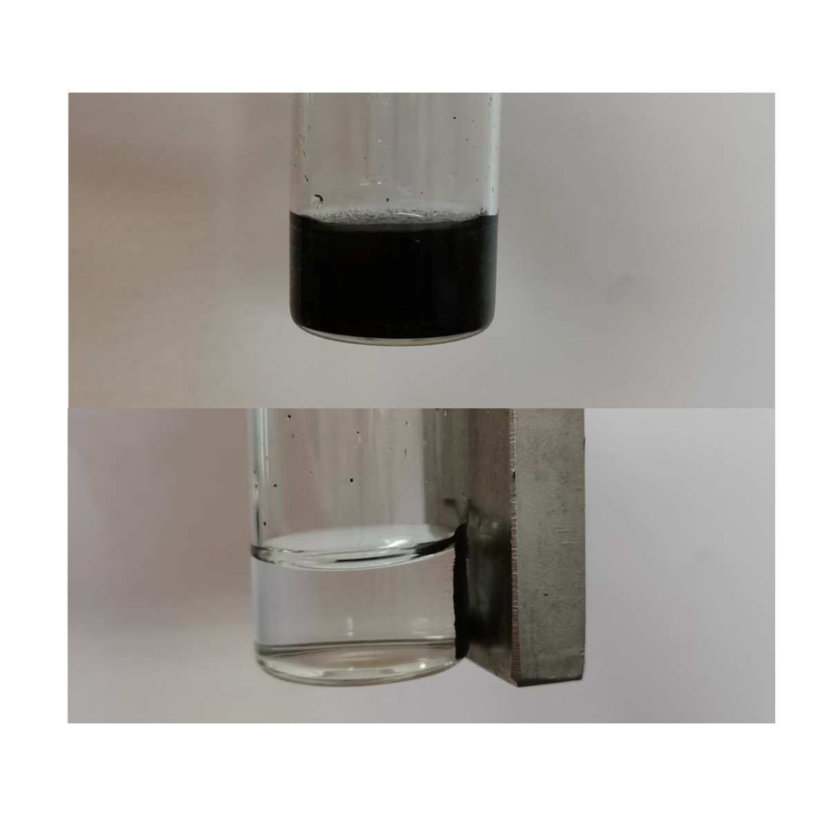 Nanoparticles (top image) efficiently break down pollutants and are magnetic, making them easily recoverable for reuse (bottom image). Adapted from ACS Applied Materials & Interfaces 2022, DOI: 10.1021/acsami.1c23466