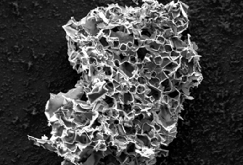Pores in this micron-scale particle, the result of pyrolyzing in the presence of potassium acetate, are able to sequester carbon dioxide from streams of flue gas.Courtesy of the Tour Group