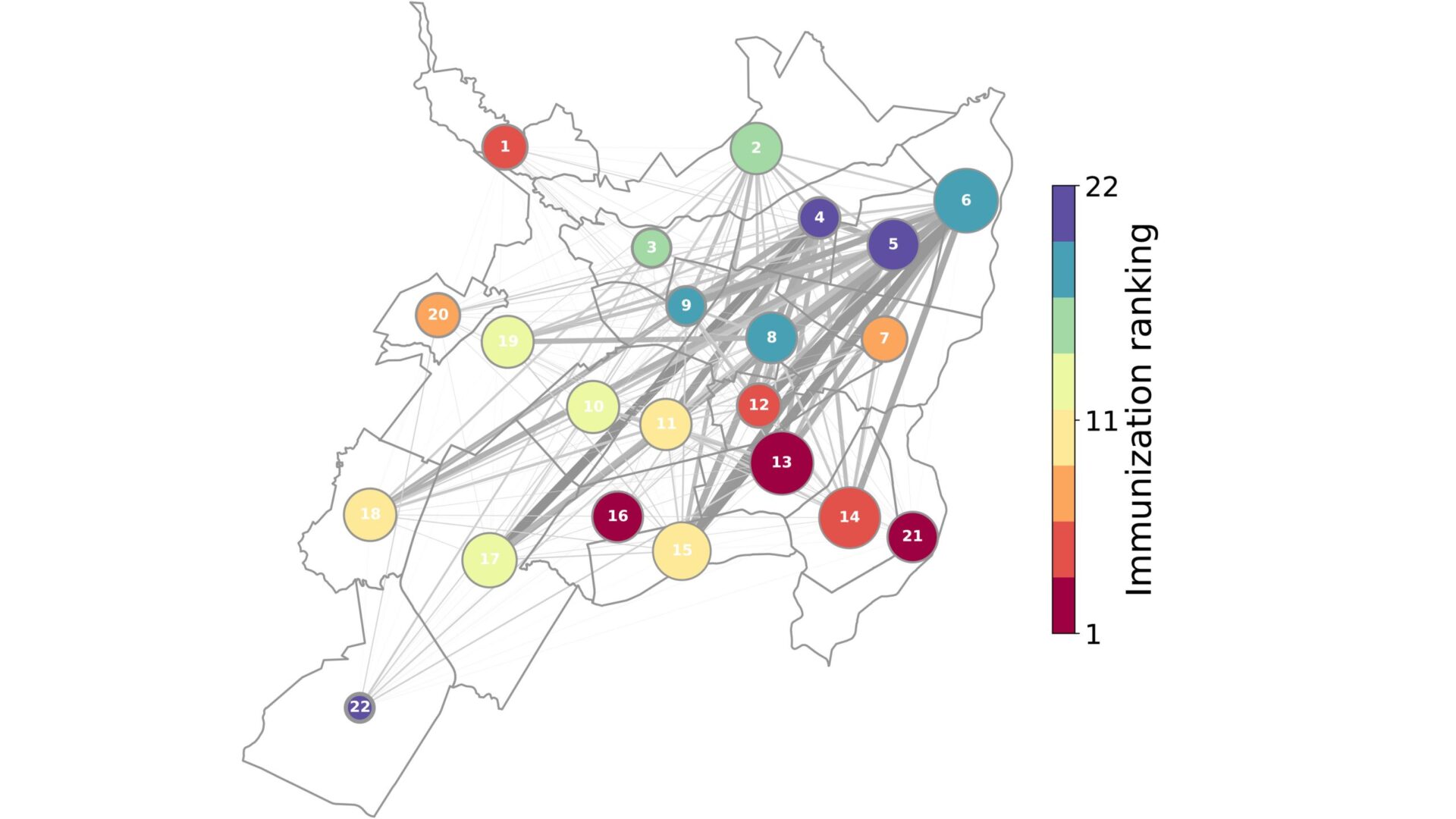 The map represents the city of Santiago de Cali as a network in which nodes represent its districts. The sizes of the nodes are proportional to the human population in each district, while the nodes are colored according to their importance for the release of Wolbachia-carrying mosquitoes. The links in the network represent mobility flows between Cali's districts. CREDIT Adriana Reyna-Lara