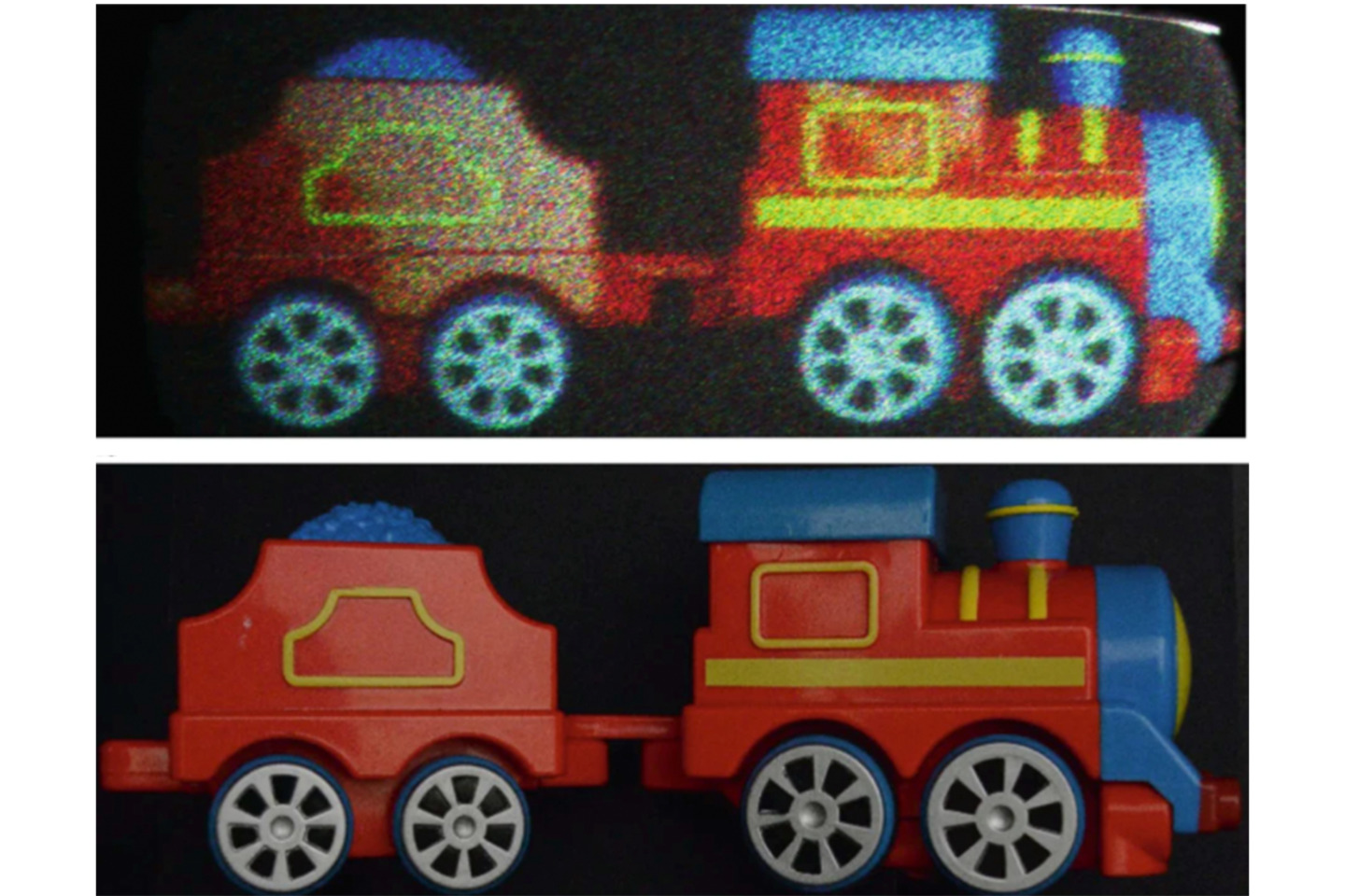Reconstructed holographic images of a toy train (top) with holobricks and original image captured by a camera (bottom) Credit: CAPE