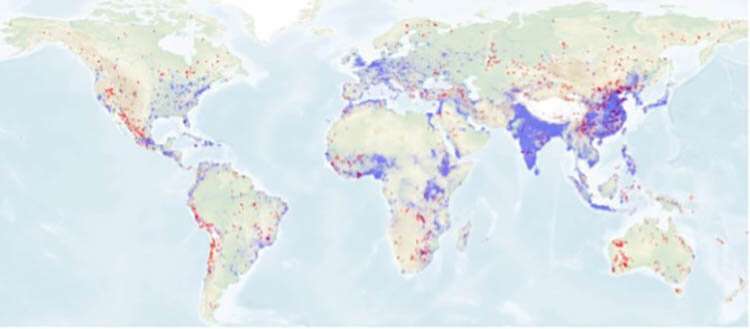 A map showing mining sites (in red) and areas of high aggregate demand (in blue). via UNIGE / UQ
