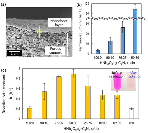 (a) Electron microscope image showing a cross-section of the nanosheet-laminated photocatalytic membrane developed in this study. (b) Comparison of how different combinations of nanosheets affect water permeation speed. (c) Changes in the rate constant of the rhodamine B photodegradation reaction depending on the combination of nanosheets (inset: photos showing the dye solution before and after photoirradition).