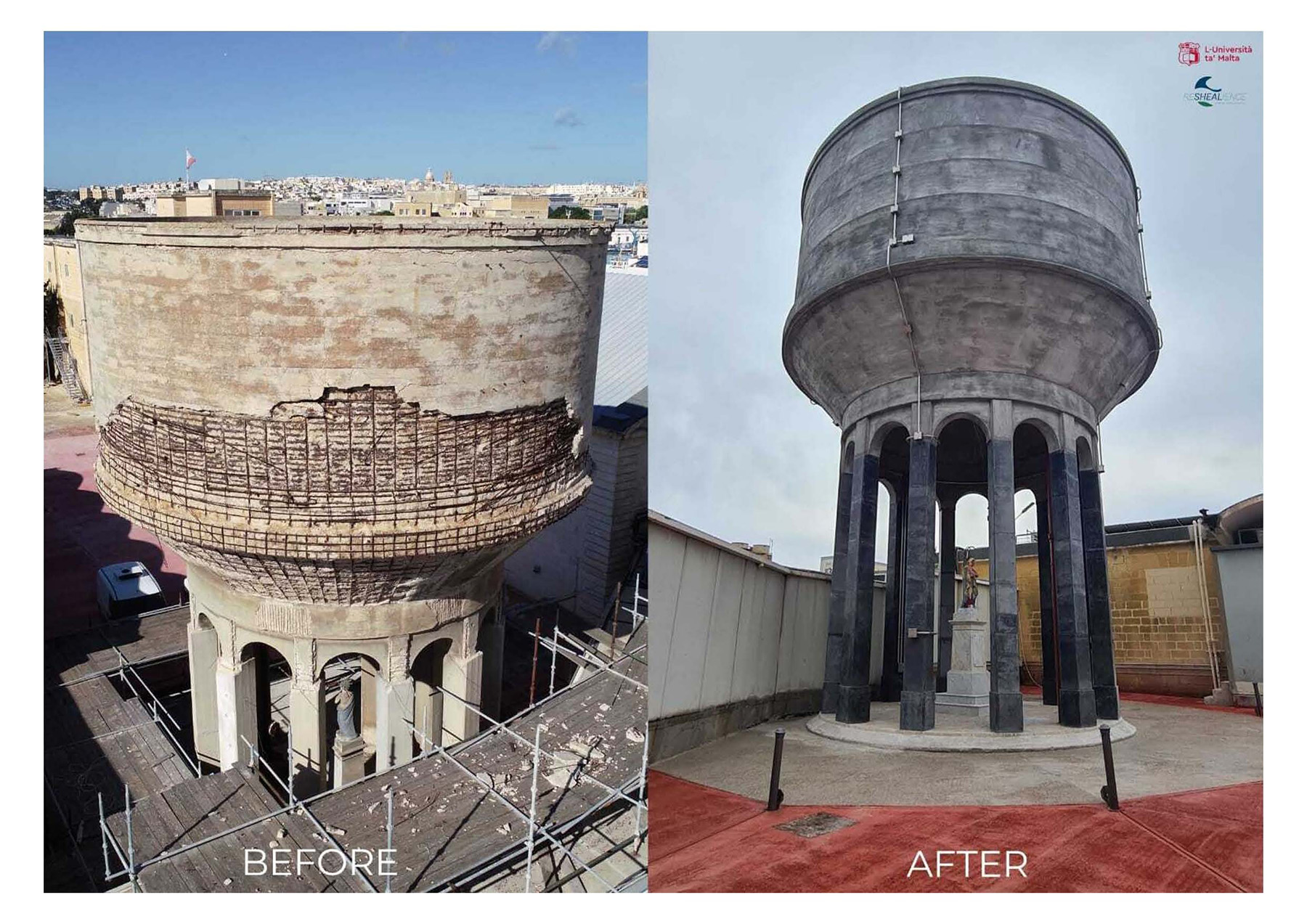 The Water Tower conservation project at the Public Abbatoir in Marsa took advantage of UHDC materials when it was reopened earlier this year. Built in the late 19th century, the landmark water tower was one of the first concrete structures in Malta, but had been slated for demolition because of its run-down condition. Researchers at the University of Malta were able to head that off by using the new advanced concrete, which is much stronger than average. With 12 columns and a religious statue underneath, the water tower is the height of a five story building and has been saved for use.