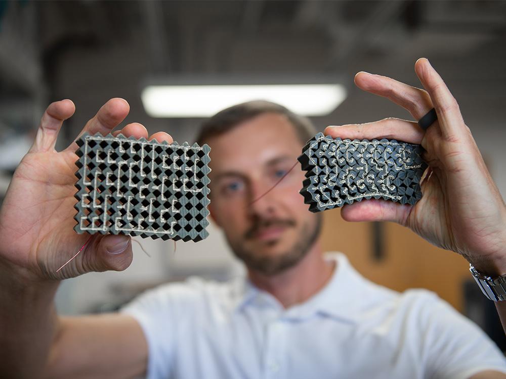 Penn State researchers create mechanical integrated circuit materials from conductive and non-conductive rubber materials that sense and react to tactile input, such as force. Credit: Kelby Hochreither/Penn State.
